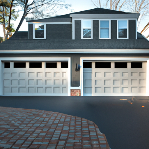 Front-facing garage of a Concord, MA house showing closed garage door, seals, and threshold in cool morning light.