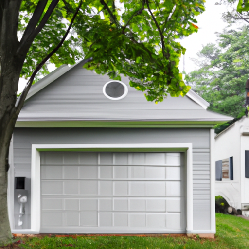 Suburban Concord garage exterior with vents and wall-mounted exhaust fan on a humid summer morning.