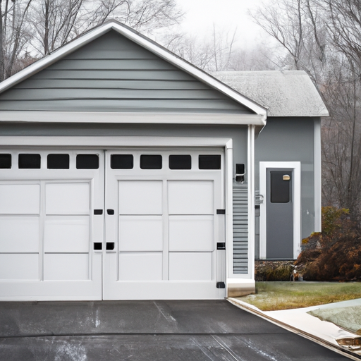 Editorial photo of a contemporary garage door in Concord, MA, with sensors visible and a light frost on the driveway.