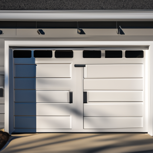 Suburban Concord garage with modern sectional door and smart keypad mounted by the entrance, late afternoon light