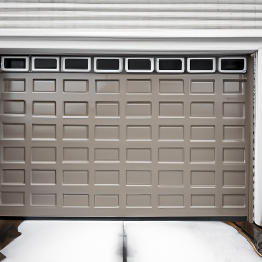 Insulated sectional garage door on a Concord, MA driveway after light snow, showing bottom seal and threshold.