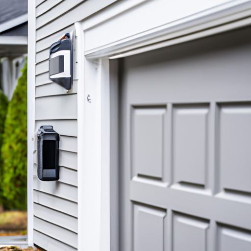 Suburban Concord home exterior showing a residential garage door with smart opener and smartphone displaying garage app.
