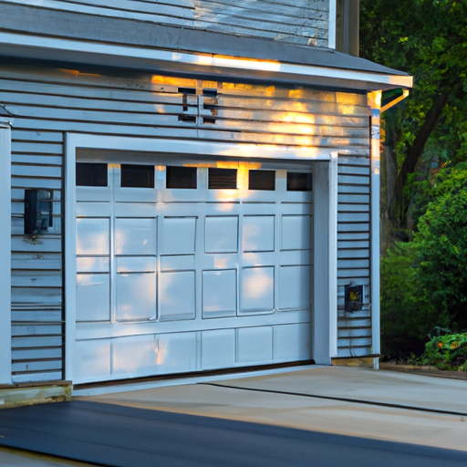 Concord suburban home with partially open garage door showing panels, tracks, and hardware at golden hour.
