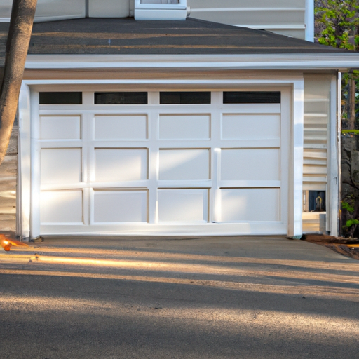 Suburban Concord home exterior with a modern insulated garage door, late afternoon light, no people.