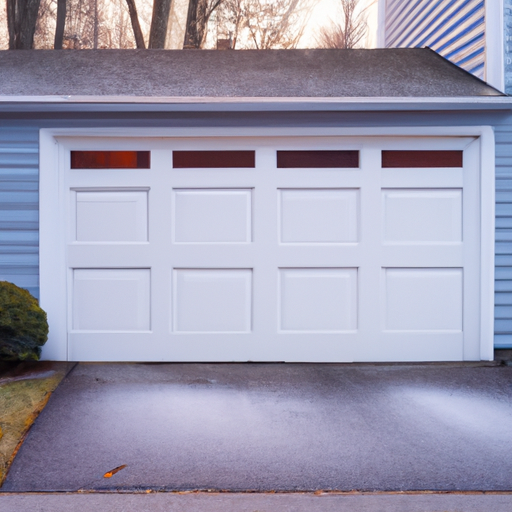 Suburban Concord, MA Colonial home with a closed modern insulated garage door at dawn.