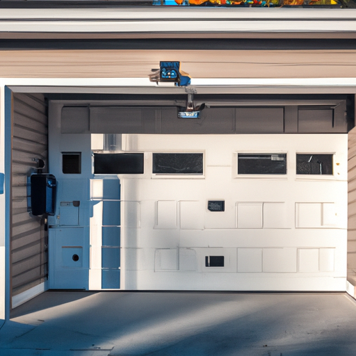 Concord suburban garage with visible modern garage door and smart opener, evening light