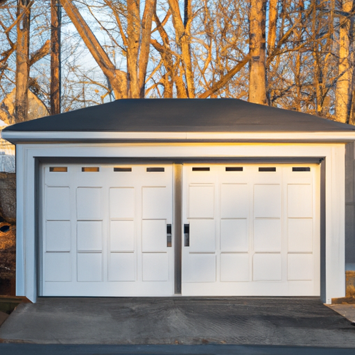 Suburban Concord driveway with a closed paneled garage door and visible weather seal at golden hour.