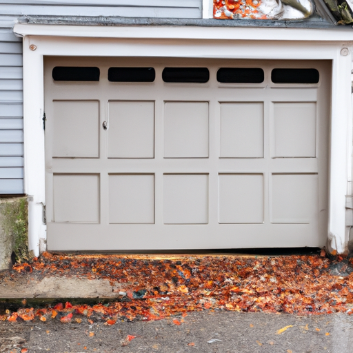 Suburban Concord garage door with weather seals at the threshold in autumn, no people