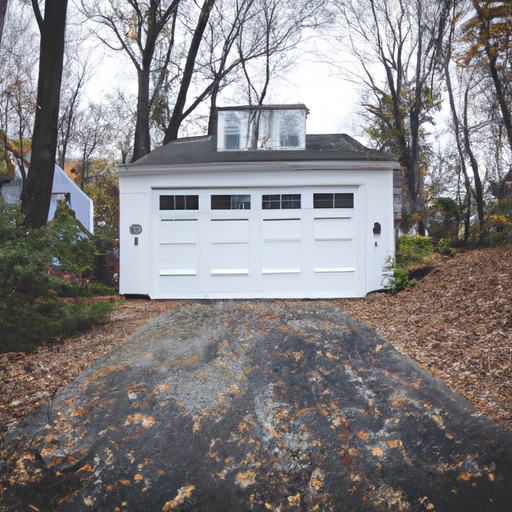 Suburban Concord driveway with a white raised-panel garage door on a colonial house in late fall