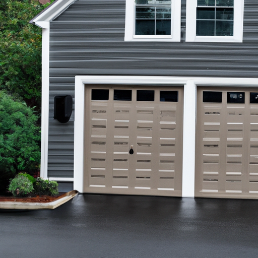 Suburban Concord, MA house with a modern steel garage door, wet driveway, wooden siding and trimmed shrubs.